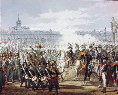 ナポレオン・ボナパルト（1769-1821）が民兵のロンバルド・シスパダン軍団を閲兵している様子（1797年07月09日） 水彩画のエングレーヴィング。ミラノ、リソルジメント博物館 作： Unknown artist