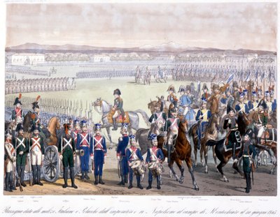 1805年、モンテキアーロでイタリアとポーランドの民兵を閲兵するナポレオン・ボナパルト。1845年に描かれた版画 作： Unknown artist
