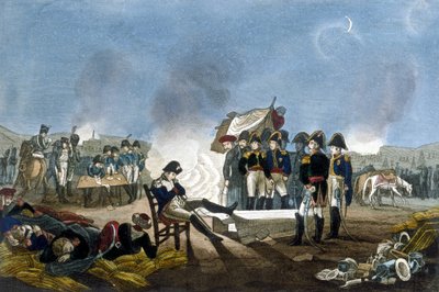 1805年12月1日、アウステルリッツの戦いの前夜、ビバークで眠るナポレオン1世ボナパルト。 作： Unknown artist
