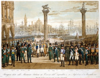 1807年11月29日、ヴェネツィアでイタリア海軍の前に立つナポレオン1世（1845年のエングレーヴィング 作： Unknown artist