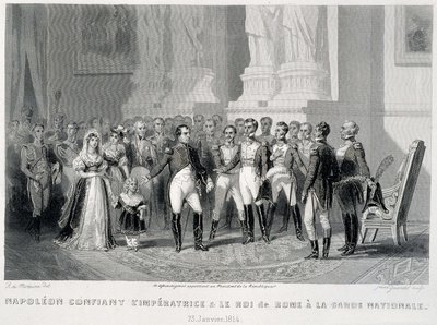 ナポレオンがインプレスとその息子であるローマ王を国民衛兵に託す（1814年1月23日） - "Fasttes de Gardes nationales de France "にて 作： Unknown artist