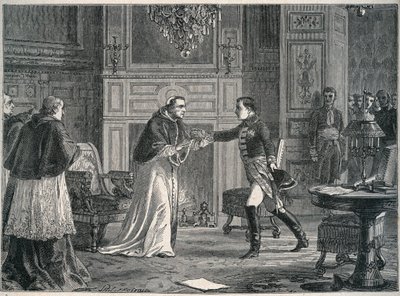 1804年フォンテーヌブローの教皇ピウス7世を訪問するナポレオン - 1804年フォンテーヌブローの教皇ピウス7世へのナポレオン1世の訪問 作： Unknown artist