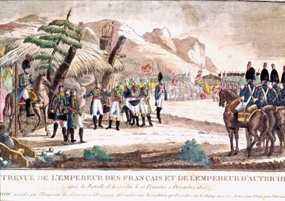 ナポレオン戦争：1805年12月2日のアウステルリッツの戦いの後、皇帝フランソワ2世に会うナポレオン1世。19世紀のエングレーヴィング。 作： Unknown artist