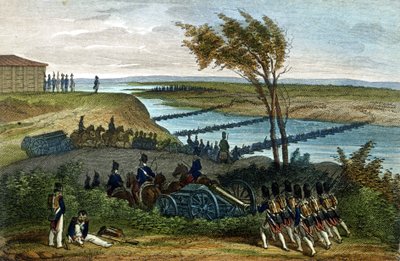 ナポレオン戦争：ロシアのキャンペーン。1812年6月24日、2つの帝国を隔てるニーメン川（ドニェメン）の通過点。19世紀の版画。 作： Unknown artist