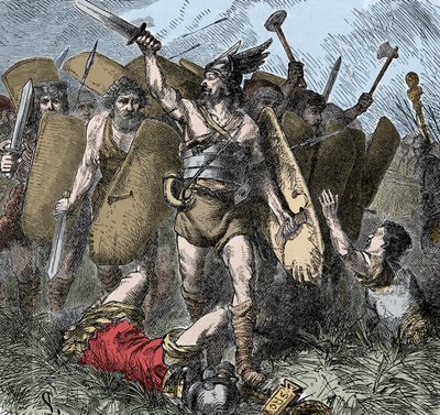 ナルセス、オストロゴスに勝利 - 蛮族の侵攻ナルセス（478-573）ビザンチンの将軍、ユスティニアヌス1世の宦官、552年にイタリアのタギナエの戦いでオストロゴスに勝利した。19世紀の彩色彫刻 作： Unknown artist