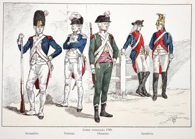 1789年の国家警備隊、左から擲弾兵、退役軍人、狩人、騎兵の図。ルイ・ルピーヌ（1846-1933）の後援で出版された『平和の戦士たちの歴史』の挿絵用に作成された色付きの絵。 作： Unknown artist