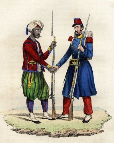 1830年にアルジェリアで行われたアフリカのフランス軍の先住民とフランス人の猟師たち。Storia d