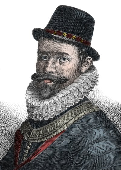 海軍行政と司令官サー・ジョン・ホーキンス（1532-1595） - イギリスの提督、造船技師、航海士、奴隷商人であったサー・ジョン・ホーキンス（ホーキンス）（1532-1595）の肖像。19世紀のエングレーヴィング。 作： Unknown artist