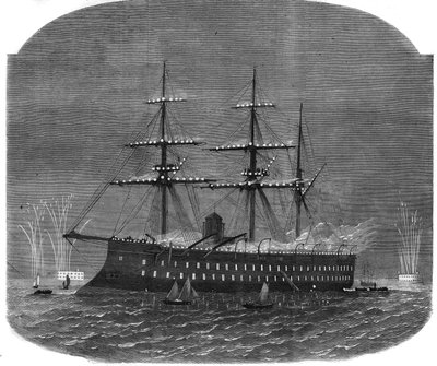 エジプトのスルタン・イスマイル・パシャ（1830-1895）がイギリスに航海中、スピットヘッドの港で行われた海軍のイルミネーション。"The Illustrous Universe "に掲載された版画 作： Unknown artist