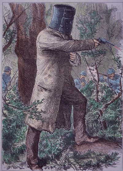 1880年6月28日、警察との最後の対決に臨む、特徴的なアーマーを身につけたネッド・ケリー（彩色彫刻 作： Unknown artist