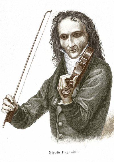 ニコロ・パガニーニ（1782-1840）がストラディバリウス（イタリアのルシアー、アントニオ・ストラディバリが製作したバイオリン）で演奏する。 作： Unknown artist