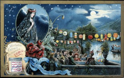 夜、湖の近くでランタンに照らされた夜のパーティー - Liebig chromolithography 作： Unknown artist