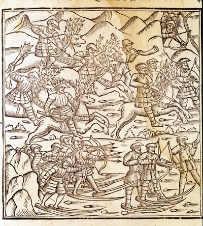 スキーとトナカイで旅をするノルウェーのハンターたち。Olaus Magnus (1490 - 1557), スウェーデンの宗教家・地理学者, "Historia de Gentis Septentrionalibus", ヴェネツィア, Engraving by Olaus Magnus (1490 - 1557). 作： Unknown artist