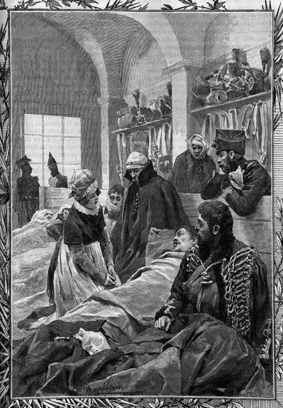 看護師のマルグリット・ファヴェは、1813年のドイツ軍との戦争中、野戦病院で知恵者たちを治療していました。 作： Unknown artist
