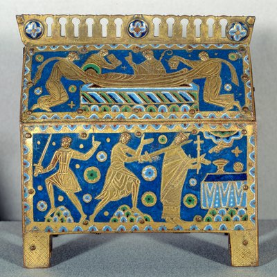 芸術作品。カンタベリーの大司教、聖トマス・ベケット（1118-1170）によるエナメル製の狩猟、金、銅。1170年12月29日にカントルバリーのカテドラルで行われた大司教の暗殺とその葬儀を表現した装飾が施されています。1220年頃。 作： Unknown artist