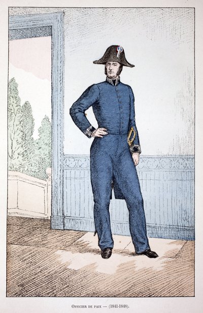 平和担当官（1841年～1848年）。アルフレッド・レイ(1864-?)とルイ・フェロン(1862-?)がセーヌ川の警察官だったルイ・ルピーヌ(1846-1933)の後援で出版した本「平和の戦士たちの歴史」の挿絵のためのカラー・エッチング。 作： Unknown artist