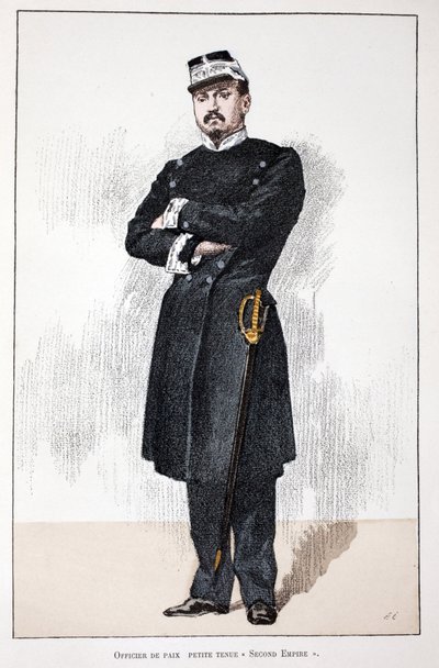 平和担当官、スモールセカンドエンパイアドレス（1852年～1870年）。アルフレッド・レイ(186)がセーヌ川の警察官だったルイ・ルピーヌ(1846-1933)の後援で出版した本「平和の戦士たちの歴史」の挿絵のためのカラーエッチング。 作： Unknown artist