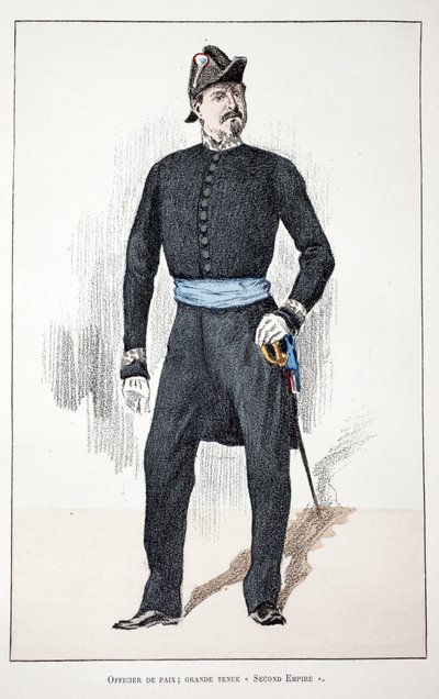 第二帝政期（1852年～1870年）の平和担当官。アルフレッド・レイ（1864-）によるセーヌ川警部のルイ・ルピーヌ（1846-1933）の後援で出版された本「平和の戦士たちの歴史」の挿絵のためのカラー・エッチング。 作： Unknown artist