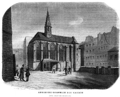 パリ5区のジャン・ド・ボーヴェ通りにあるカルムの旧礼拝堂。1858年に描かれたもの。 作： Unknown artist