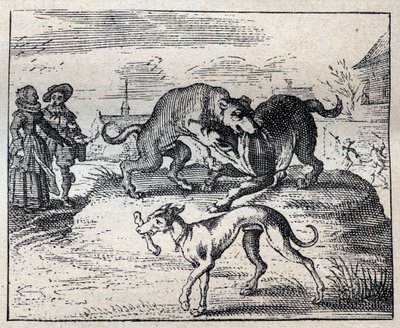 古い英語のことわざ：2匹の犬が骨を狙って努力し、3匹目がそれを奪う。 作： Unknown artist