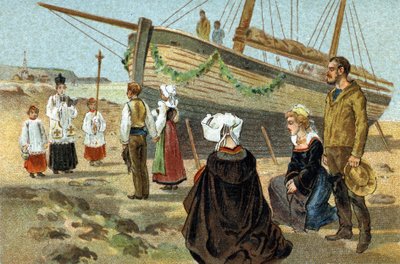 ブルターニュ地方で祝われる古い習慣：漁船の洗礼。19世紀末のクロモリトグラフ。 作： Unknown artist