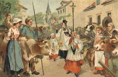 ニヴェルネ地方で祝われている古い習慣、牛の祝福。19世紀末のクロモリトグラフ。 作： Unknown artist