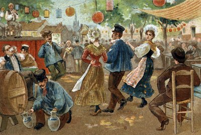 フランダース地方で祝われる古い習慣。フランドルフェア。19世紀末のクロモリトグラフ。 作： Unknown artist
