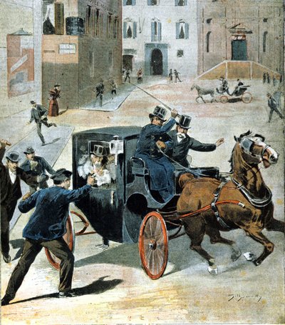 1894年6月16日、ローマで、アナキストのパオロ・レガがイタリア評議会議長のフランチェスコ・クリスピにリボルバーを発砲した。当時のイラスト。 作： Unknown artist