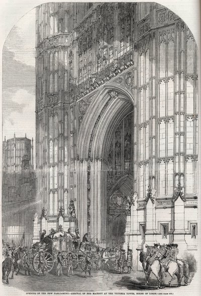 新議会の開会-貴族院ヴィクトリア・タワーへの陛下の到着 1852年 作： Unknown artist