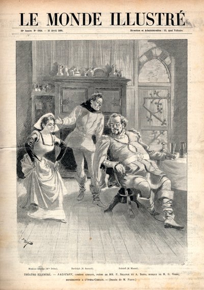 オペラ「ファルスタッフ」ジュゼッペ・ヴェルディ(1813-1901)作、アリゴ(またはエンリコ)・ボイト作の3幕の抒情的な喜劇で、1894年のパリ・オペラ・コミックではヴィクトル・モーレル、マリー・デルナ、ポール・フルーレ(バルノルト)(1844-1900)で表現されました。 作： Unknown artist