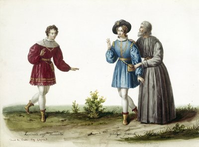 1828年8月20日、パリで上演されたジョアッキーノ・ロッシーニ（1792-1868）のオペラ「オリ伯爵」でオリ伯爵を演じるオペラ歌手アドルフ・ヌリット（左）。 作： Unknown artist
