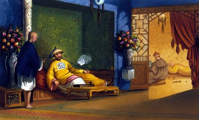 中国のアヘン燻製工場、1830年頃の彫刻。 作： Unknown artist