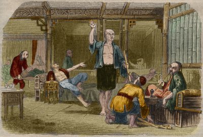 19世紀中頃の中国でのアヘン吸引者たち。1857年に描かれた「科学博物館」の版画 作： Unknown artist