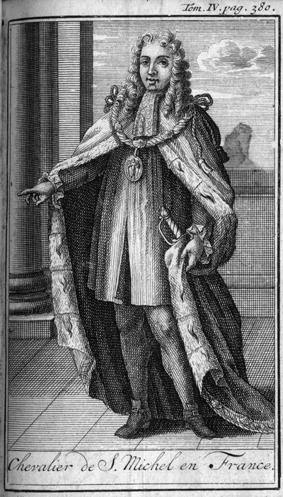 15世紀のフランスにおける騎士の勲章.シュヴァリエ・ド・サンミッシェル。これまでに設立された男女の軍事騎士団、セキュリエ、レギュラーの歴史」の中で。版はAbbe Giustiniani, R.P.Bonanより引用。 作： Unknown artist