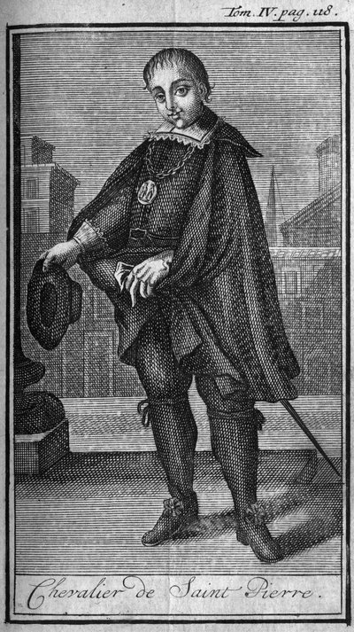 騎士の勲章.15世紀のローマでのサン・ピエトロ（サン・ピエトロ）騎士団。現在までに設立された男女の安全で日常的な民兵の軍事的秩序や騎士の歴史」では版はAbbe Giustinianiより引用。 作： Unknown artist
