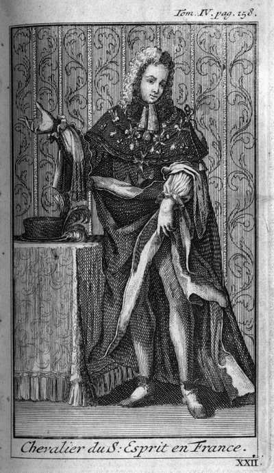 騎士の勲章.16世紀のフランスにおける聖霊の騎士（聖霊騎士団）。現在までに設立された男女の安全で日常的な民兵の、軍事的な秩序や騎士の歴史」にある。取り上げられた版 作： Unknown artist