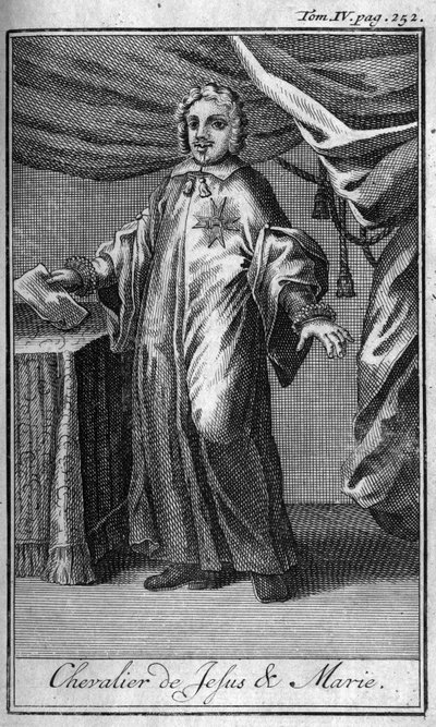 騎士の勲章17世紀のイタリアにおけるイエスとマリアの騎士。現在までに設立された男女の安全で日常的な民兵の、軍事的な秩序や騎士の歴史」である。Edition taken from Abbe Giustiniani, R.P.Bonani, 作： Unknown artist