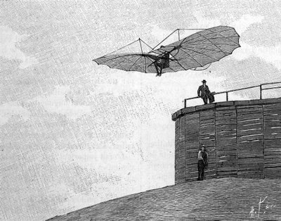 木製の塔から飛翔体を持って飛び降りるドイツの航空パイオニア、オットー・リリエンタール（1848-1896）（インスタント写真より）。1年2月3日付「La Nature: revue des sciences et de leurs applications aux arts et a l