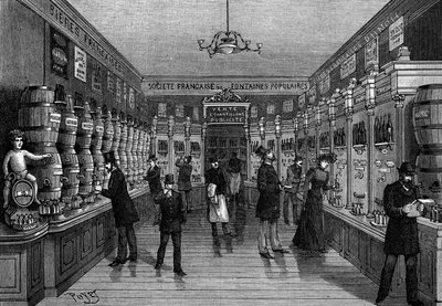 パリのモンマルトル通りにある自動販売機のあるバーの概観。1891年11月7日付の「La Nature: revue des sciences et de leurs applications aux arts et a l