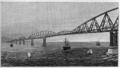 フランスとイギリスを結ぶ英仏海峡に架かる橋のプロジェクト「英仏海峡に架かる橋の概要」。ラ・ネイチャー」に掲載された版画。Revue des sciences et de ses applications aux arts et a l
