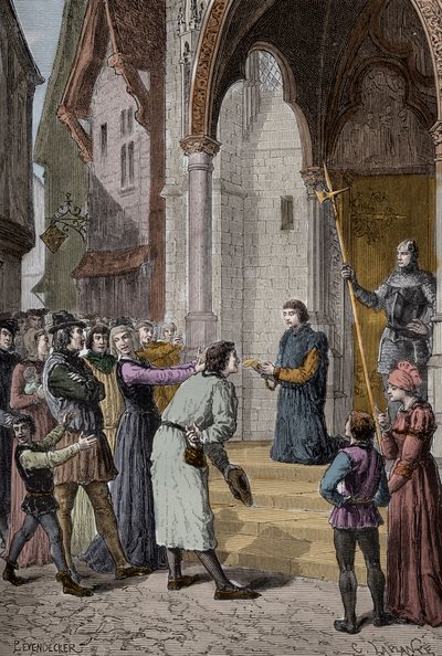 PERKIN WARBECK (c1474-1499) フランドル地方の詐欺師、Edward Ivの次男であるヨーク公爵Richardと名乗る - ロンドン、ウェストミンスター・ホールの外で告白を読む。 作： Unknown artist