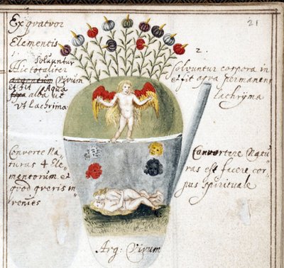 錬金術ノートのページ、カップルと天使 - Johann Grasshoff (Grasshof or Grasse) (1560-1623) の作品、羊皮紙に水彩 (14.6x10 cm)、1620 年頃 - (錬金術ノート、J. Grasshoff による羊皮紙に水彩、c.1620) - イェール大学、ネブラスカ州 作： Unknown artist
