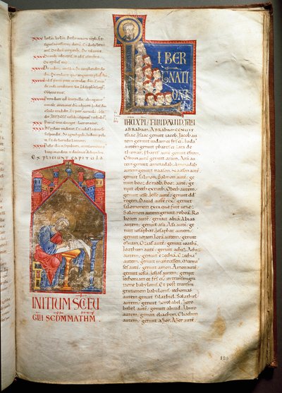 12世紀初頭の照らされたバイブル（Ms.721-Foglio 190r）のページ。寸法52,5x36 cm ローマ、Biblioteca Casanatense 作： Unknown artist
