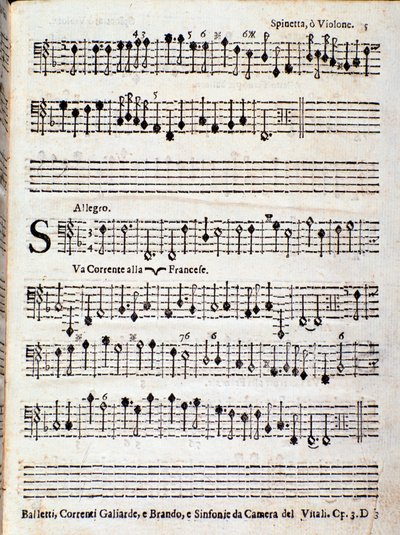 ジョヴァンニ・バティスタ・ヴィターリ作曲「Balletsti, correnti alla francese opus 3」の楽譜のページです。 作： Unknown artist