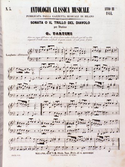 タルティーニ作曲「悪魔のトリルソナタ（Il trillo del diavolo）」の譜面のページです。 作： Unknown artist