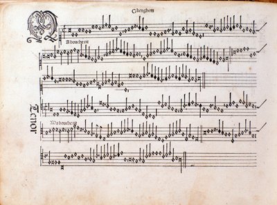 オッタビアーノ・ペトルッチの「Harmonice Musices Odhecaton」（1501年）の楽譜のページ。 作： Unknown artist