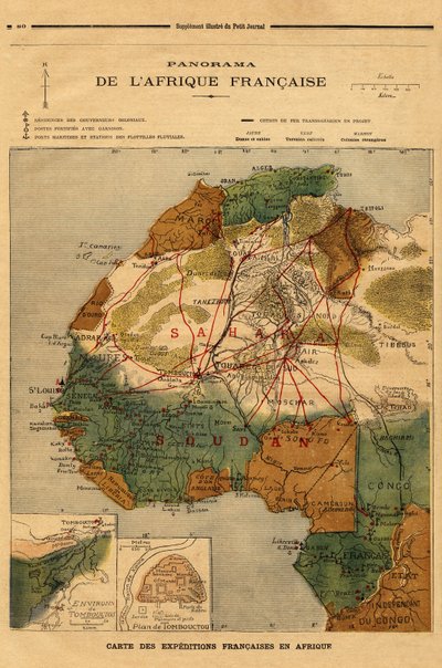 フランス領アフリカのパノラマ、フランスのアフリカ遠征の地図。1894年3月5日の "Le petit journal "に掲載された版画。セルバのコレクション。 作： Unknown artist