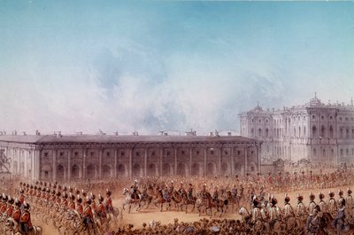 サンクトペテルブルクのアネチコフ宮殿前でアレクサンドル2世とパレード（1856年）。シャルルマーニュのイラスト（19世紀） サンクトペテルブルクシャトー・ドゥ・ピーターホフ 作： Unknown artist