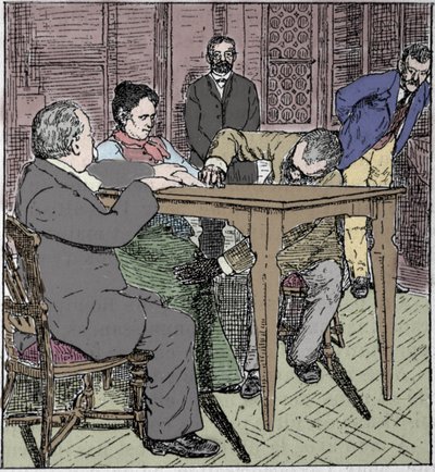超常現象：1892年、ミラノで霊媒師エウサピア・パラディーノとチェーザレ・ロンブローゾ（1835-1909）、シャルル・リシェ（1835-1909）の立ち会いのもと、テーブルを持ち上げた体験。 作： Unknown artist