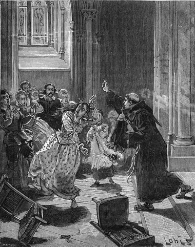 パリ、サント・ジュヌヴィエーヴ教会（Sainte-Genevieve）（1599年）：悪魔に取り憑かれたと主張する女性マーサを祓おうとするカプチン修道士の姿。19世紀のエングレーヴィング。ジュール・ミシュレ著『フランス史』より 作： Unknown artist
